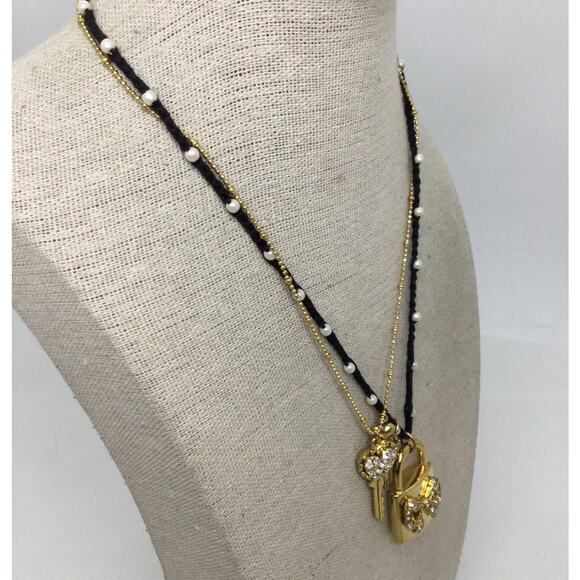 NWT Betsey Johnson Pave Lock Key Charm Dual Strand Necklace - Picture 3 of 5